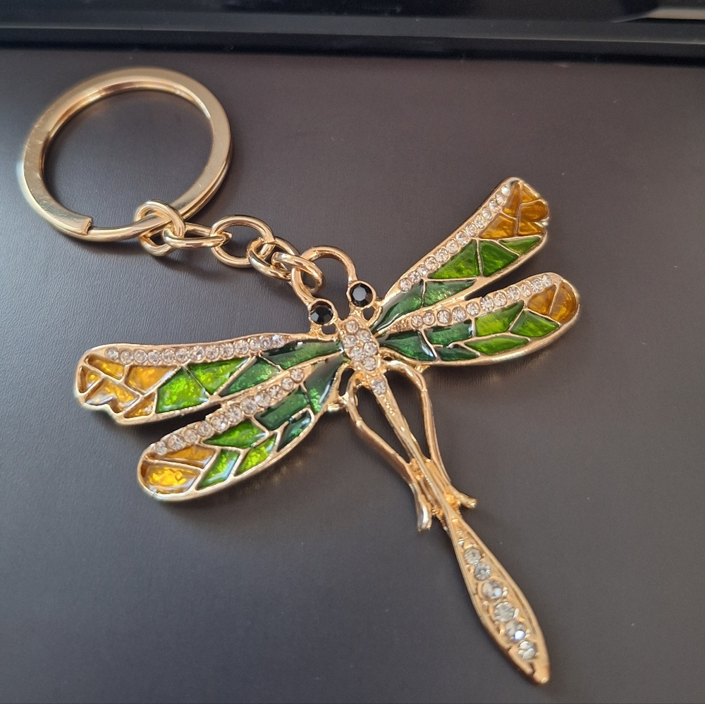 Dragonfly Purse Charm Keychain with Green and Yellow Accents